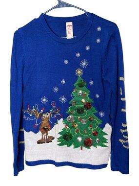 Holiday Time Blue Ugly Christmas Sweater Small 4-6 Reindeer Tree Sequin Light Up